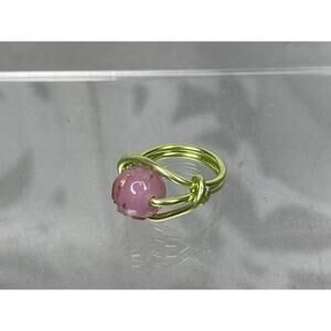 Handmade Artisan Green Wire Wrapped Pink Hand Painted Stone Ring Size 5.75
